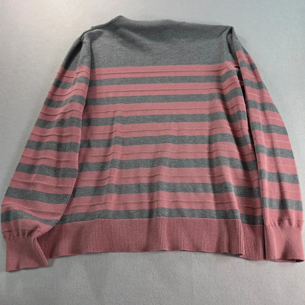 Retrology Womens Grey Pink Striped Mock Neck Sweater Gold Shoulder Button Large